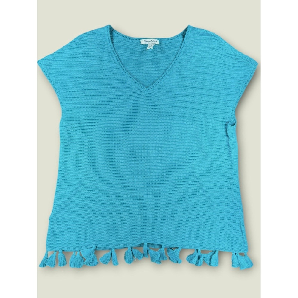 Tommy Bahama Women L Teal Linen Cotton Knit V-Neck Sleeveless Tassel Sweater